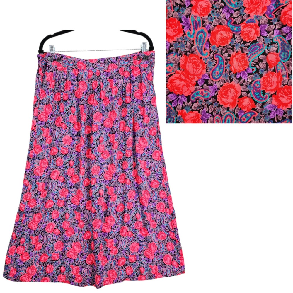 Vtg Nordstrom Town Square A Line Maxi Skirt 18 Floral Roses Paisley Pockets‎ Red